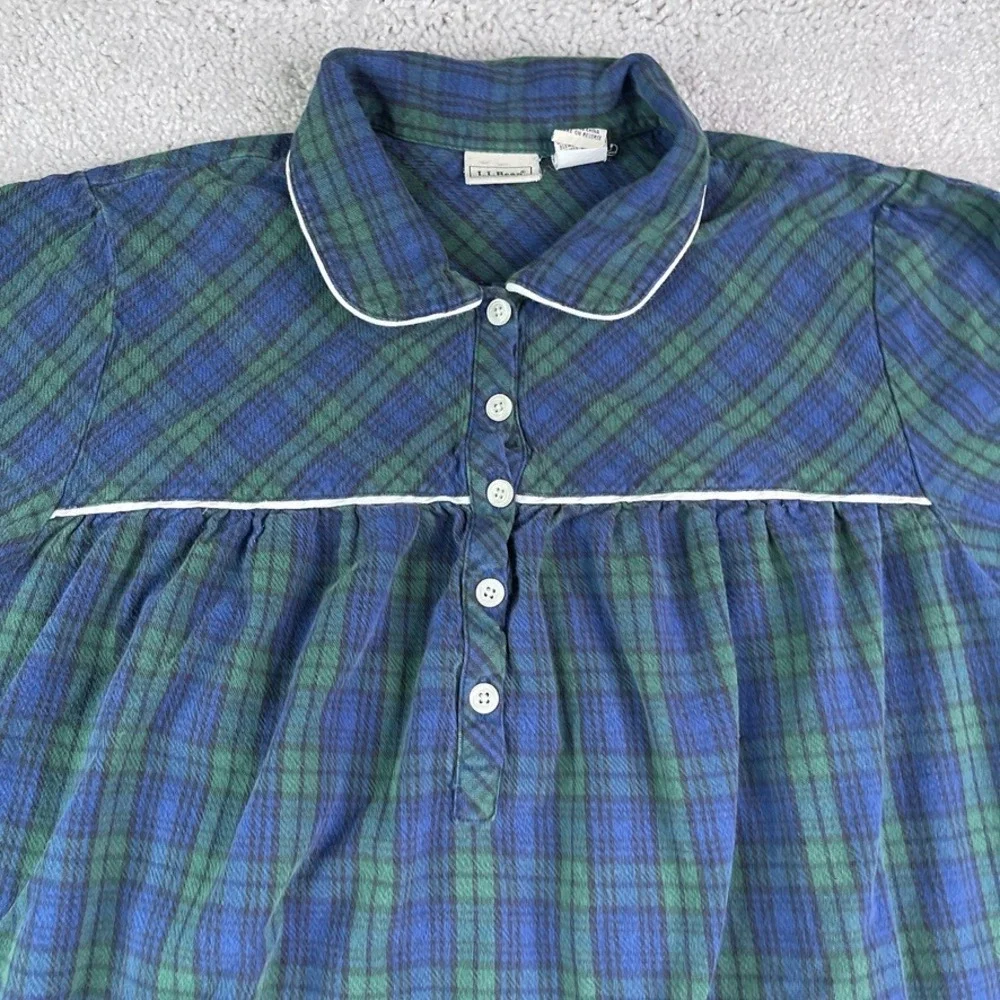 Vintage LL Bean Nightgown Womens Medium Green Blue Tartan Plaid Flannel Pajamas